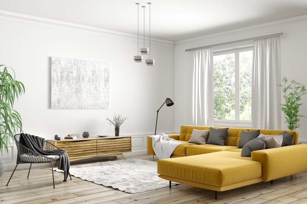 White Living Room Walls with Yellow L-Shaped Sofa and Natural-Colored Console and Furniture